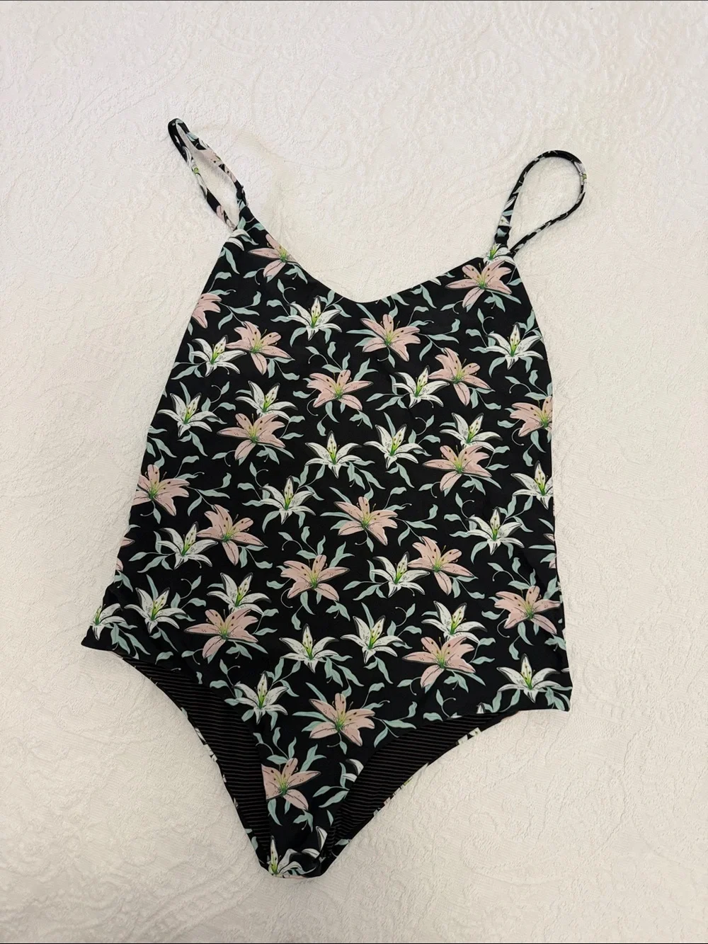 acacia swimwear Black Floral One-Piece with Pink Lily Print